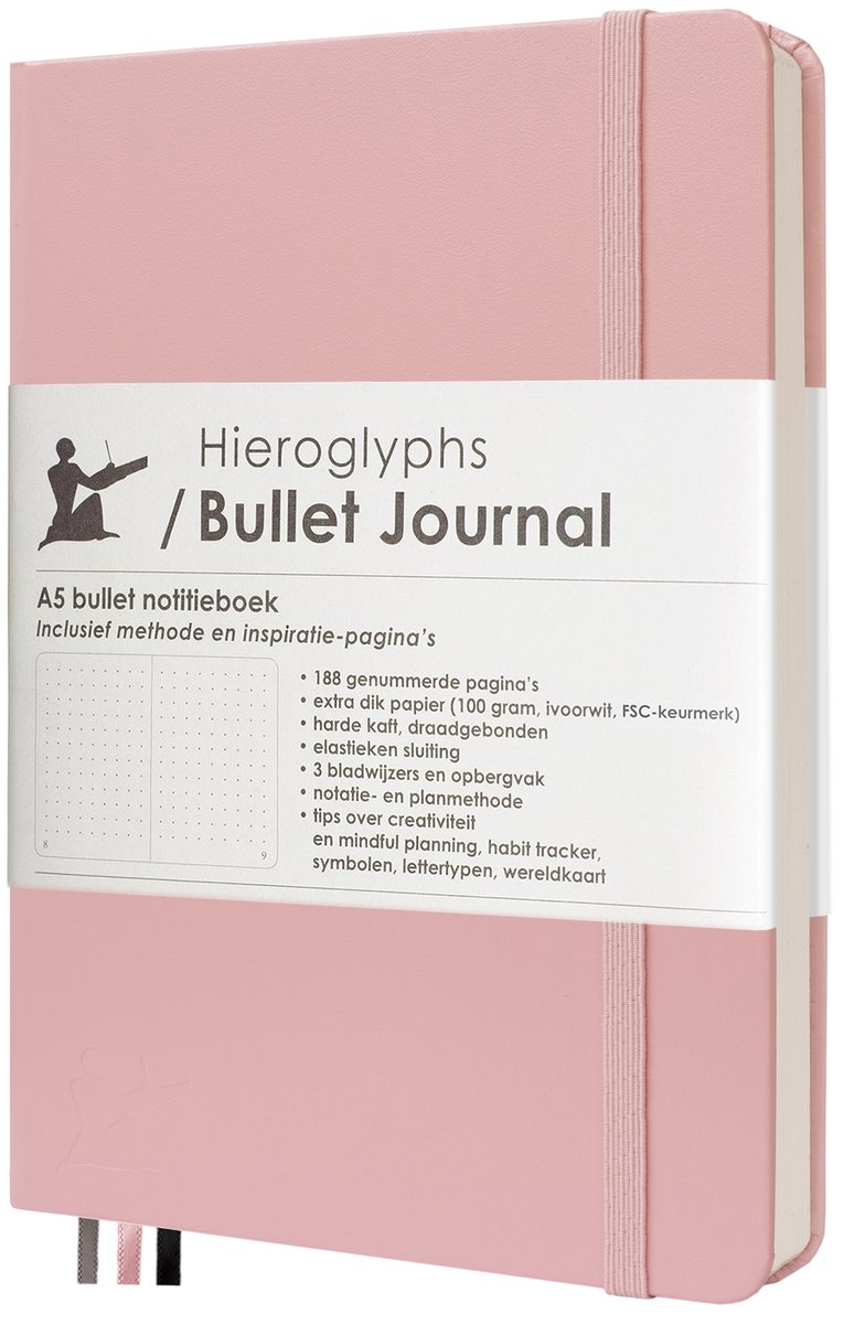 Hieroglyphs Bullet Journal - A5 notitieboek - 100 Grams Papier - Hardcover Notebook Dotted - met Handleiding en Inspiratie - Nederlands - Roze