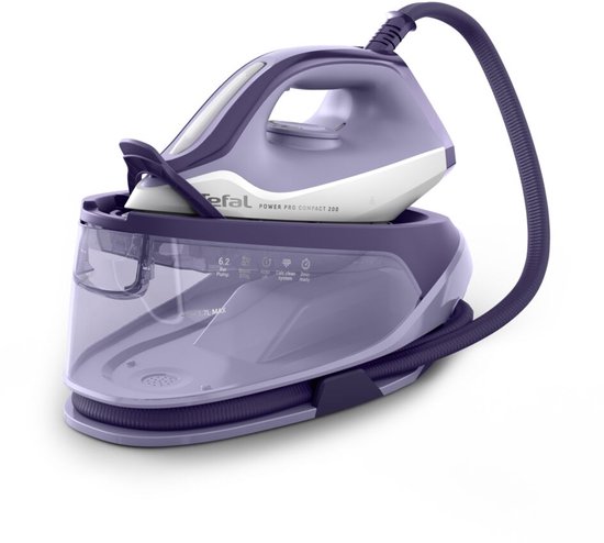 Paarse en witte Tefal Power Pro Compact 200 stoomgenerator met reservoir.