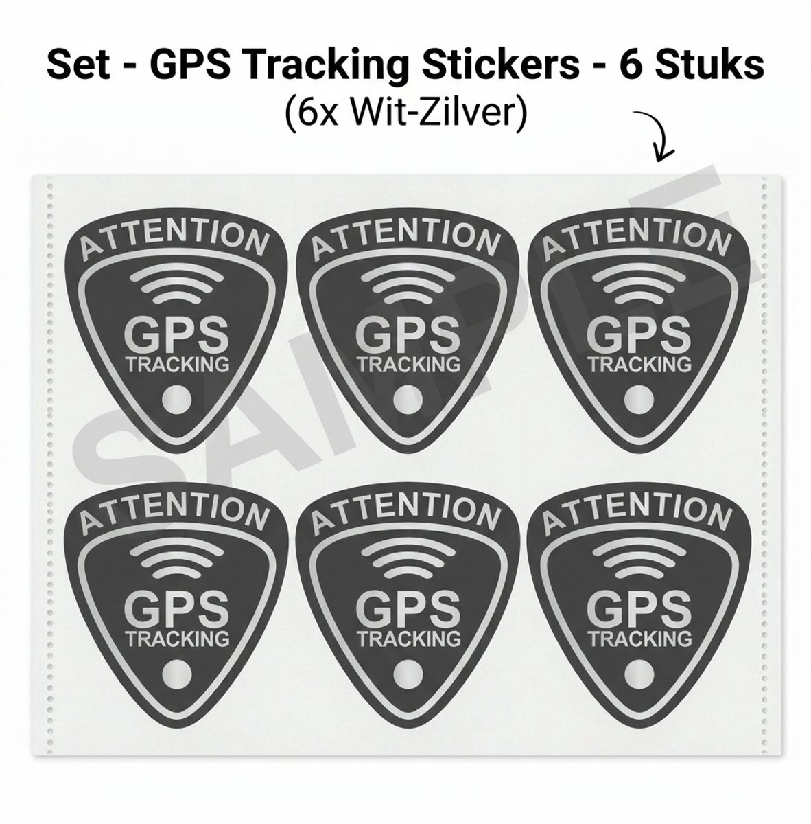 GPS Tracking Stickers Wit-Zilver – Premium Beveiligingsstickers – Set van 6 – 2,7 x 3 cm