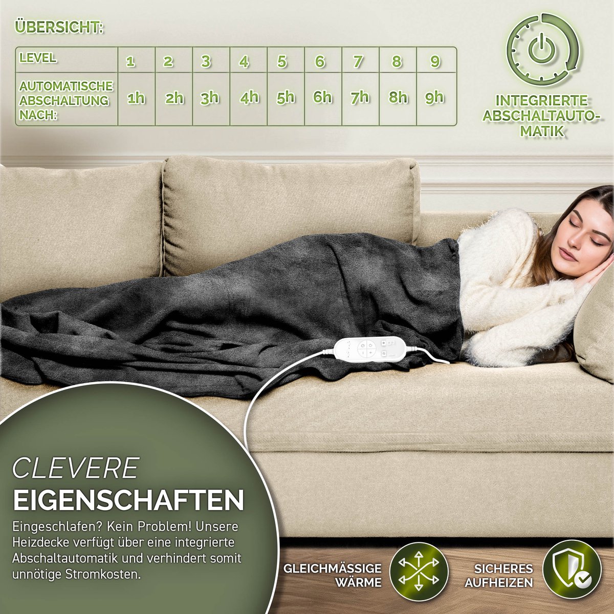 Sinnlein® Elektrische Deken 120W Antraciet Fleece - afbeelding 3