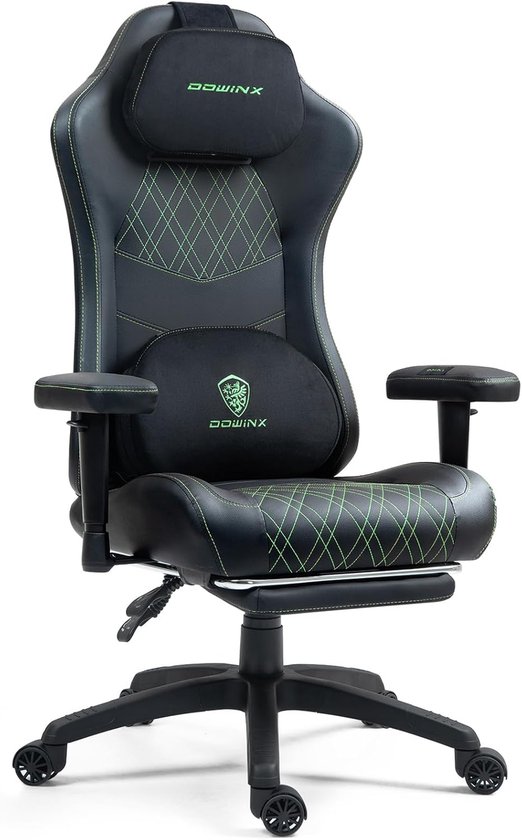 Dowinx Gaming Stoel – Ergonomische Bureaustoel met Massage & Warmte, Voetensteun, Nek- en Lendensteun, Zwart/Groen