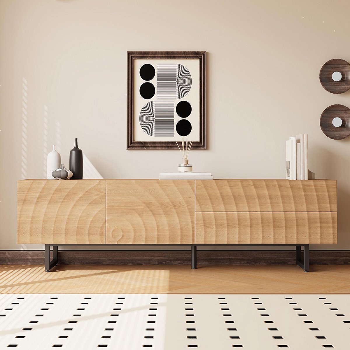 KOMHTOM BLACKCOLORS Modern tv-meubel, tv-standaard, tv-paneel, lage tv-standaard. Uniek ontwerp, 3D-textuur. 180 x 38 x 51,5 cm (L x B x H) Naturel