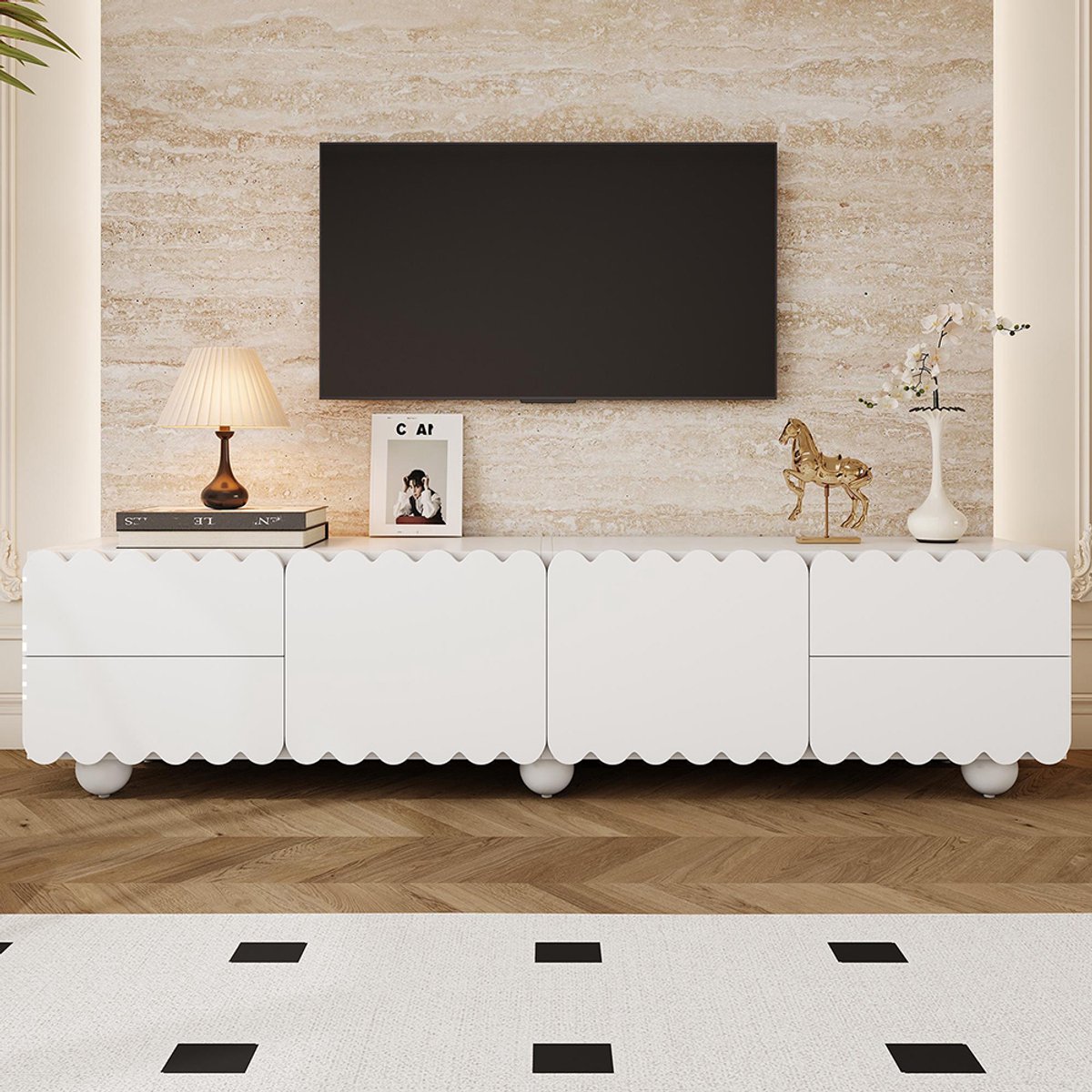 KOMHTOM BLACKCOLORS Modern wit tv-meubel, tv-standaard, tv-paneel, lage tv-standaard. Uniek ontwerp. 175 x 38 x 37 cm (L x B x H)