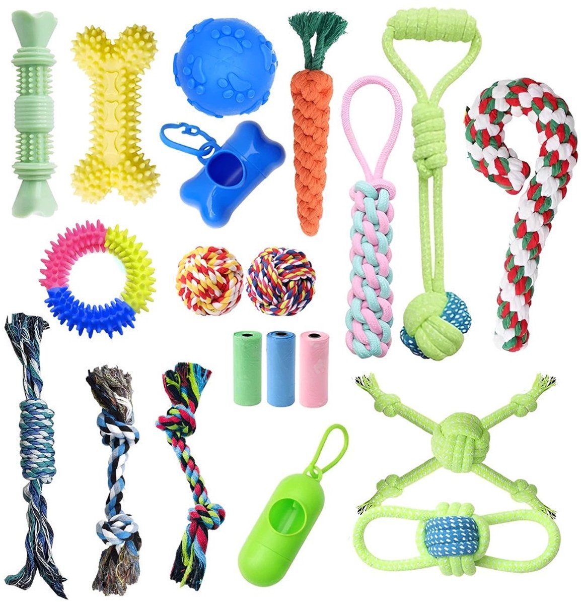 Zentrada - 20 delige hondenspeelgoed set - flostouwen - balletjes - poepzakjes - kauwring - speciaal voor kleine honden -