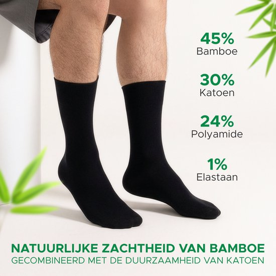 Zwarte sokken van Jacob & Roy's met aanduiding van materiaalsamenstelling: 45% bamboe, 30% katoen, 24% polyamide, 1% elastaan.