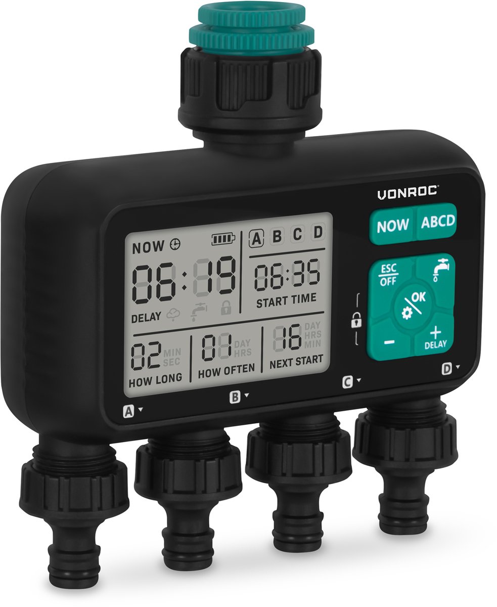 VONROC 4-weg watertimer – Besproeiingscomputer voor 4 zones – Instelbare bewateringstijd en -frequentie per zone