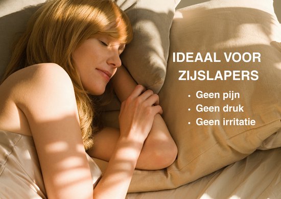 Slapende vrouw met blonde haren, liggend op haar zij, met de tekst 'Ideaal voor zijslapers'.