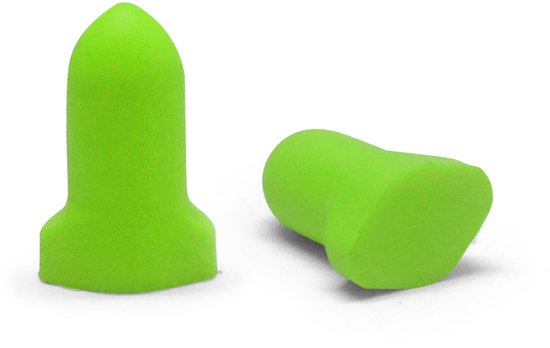 Twee groene, zachte oordopjes voor langdurig dragen, op een witte achtergrond.
