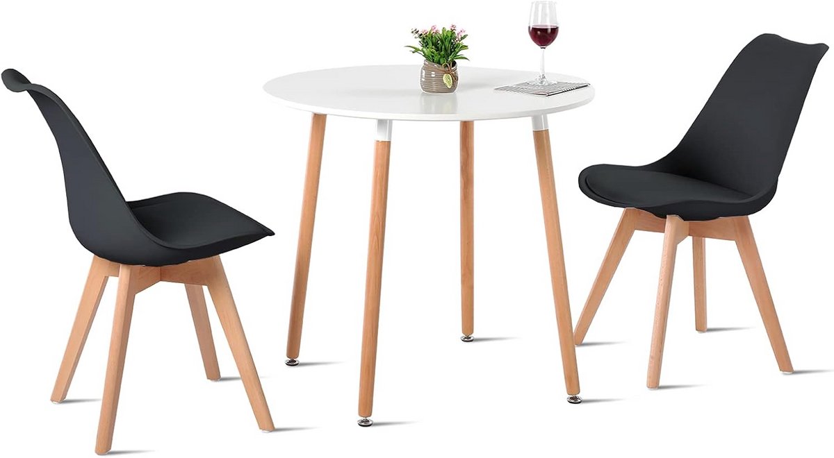 Eetkamerset Rond Tafel met 2 Stoelen Hout en Zwart Scandinavisch Design