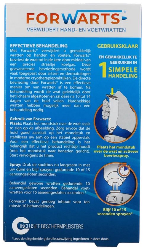 Instructies voor het gebruik van Forwarts wrattenverwijderaar, inclusief afbeeldingen van hand- en voetbehandeling.