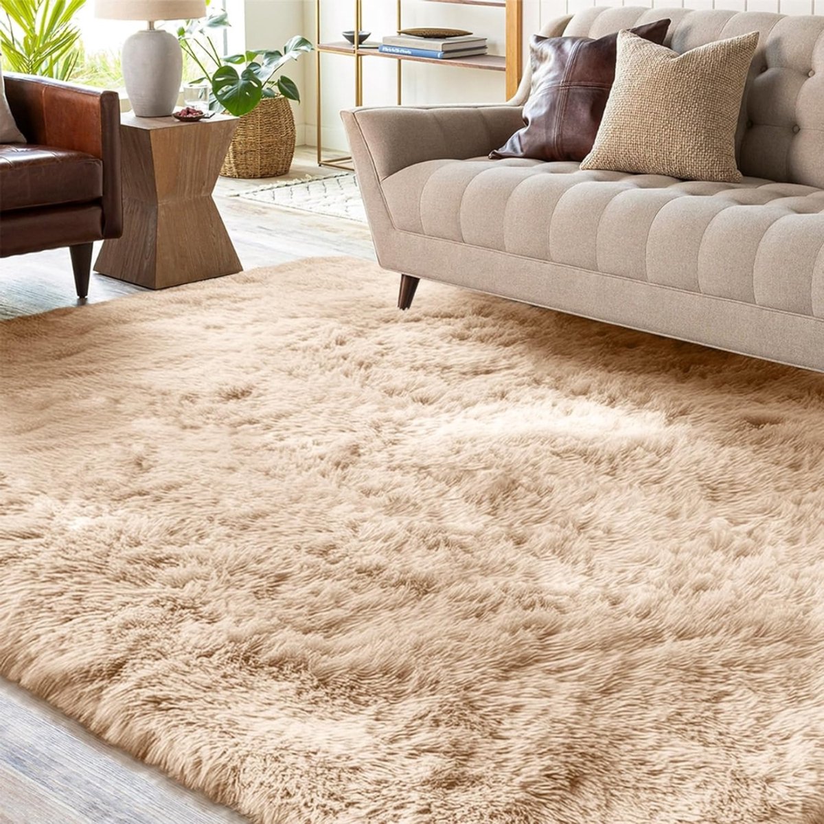 Pluizig hoogpolig Vloerkleed - wasbaar tapijt - 140 x 200 cm - woonkamer - antislip - extra grote tapijten - slaapkamer - zacht - modern tapijt - mat tapijten voor kinderkamer - beige