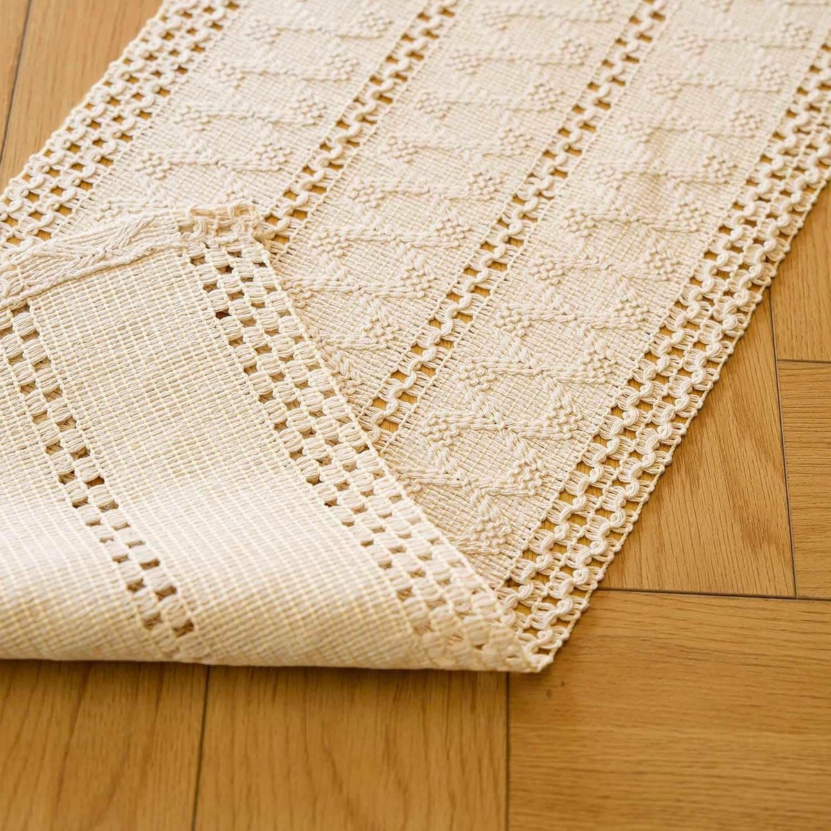 Beige Macramé Tafelloper Katoen Linnen Boho Rustiek Tafelkleed Wasbaar
