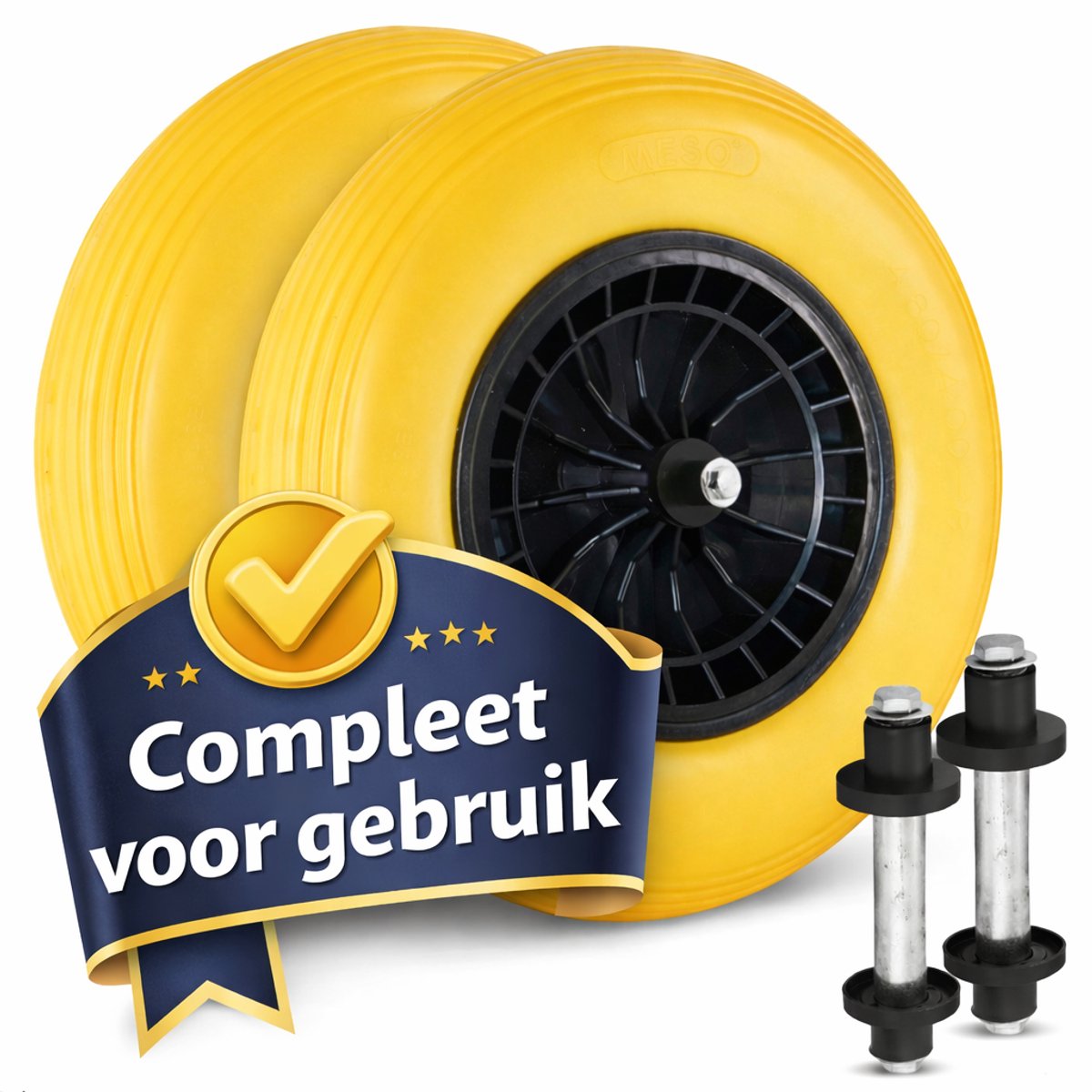 Tuilana ® - SET van 2 - Anti lek Kruiwagenwiel 400x8, stevig plastic velg met rollager, Draagvermogen 150kg, asgat 20mm INCL. 130mm AS