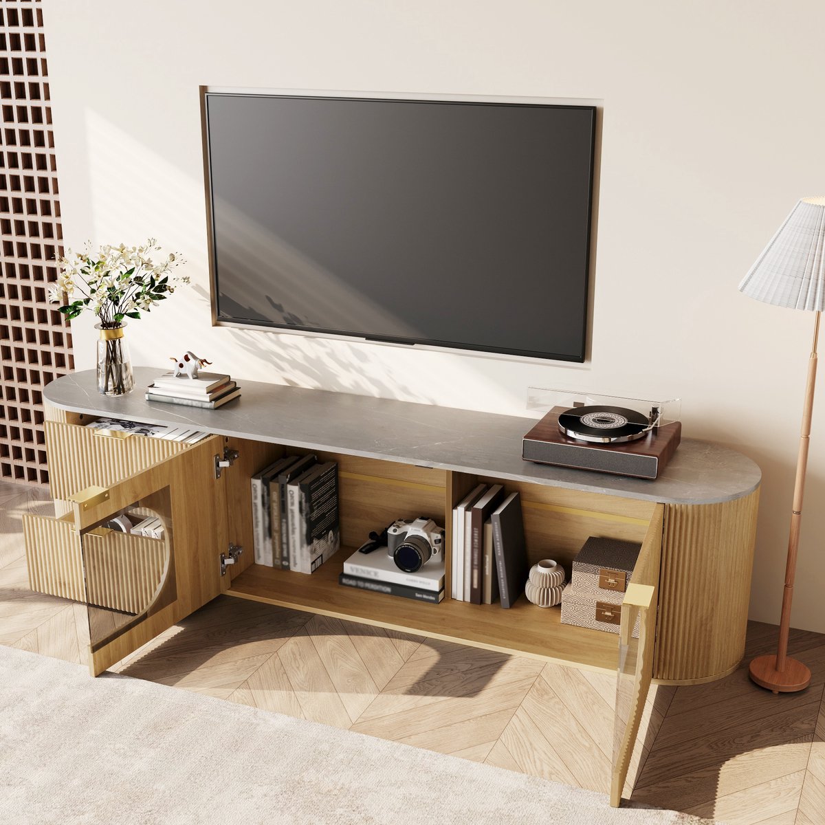 OKWISH Tv Meubel - 3D Deurfronten Met Verticale Structuur - Ovale Glazen Vitrine - MDF Naturel - 172×38×45,5 Cm Natuurlijk