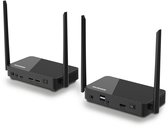 Achterkanten van twee zwarte draadloze HDMI-apparaten die de poorten laten zien.