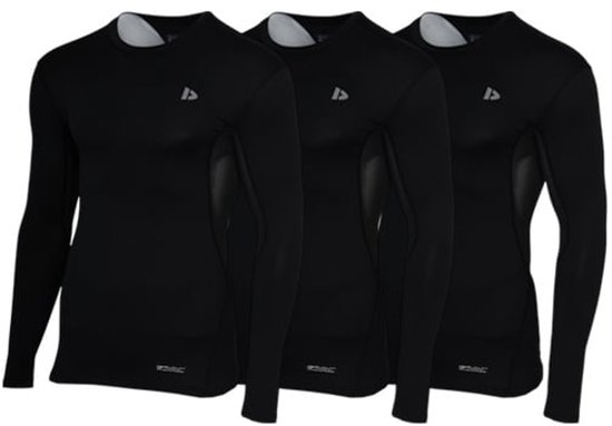 Drie zwarte longsleeve sportshirts met een rond hals en subtiel logo op de borst.