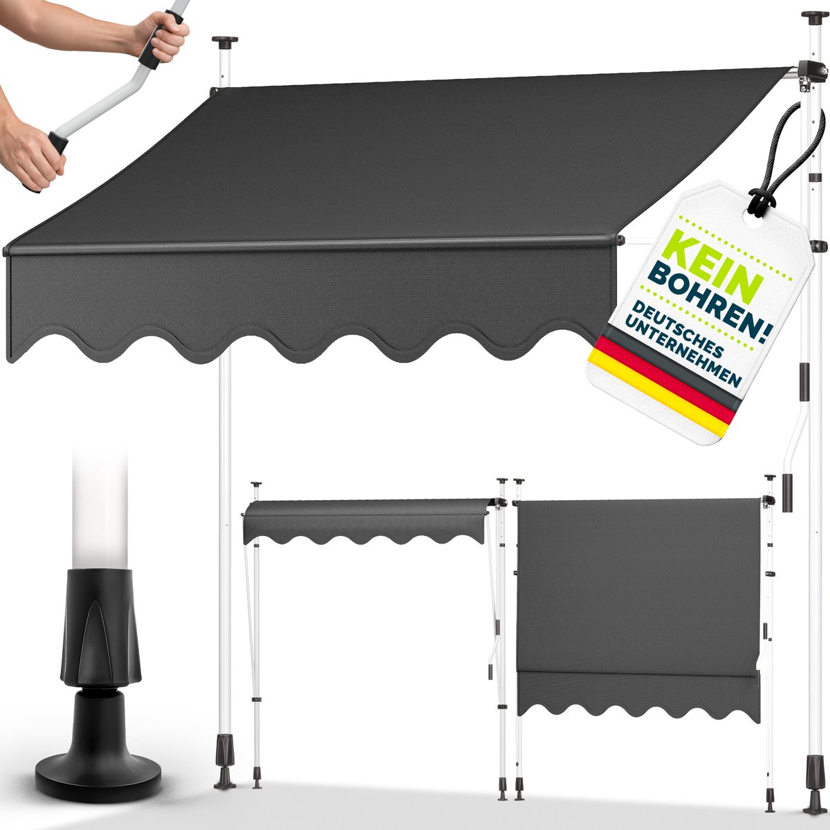 tillvex Klemluifel 300 cm grijs met handslinger balkon | balkonluifel zonder boren | luifel UV-bestendig en in hoogte verstelbaar | zonwering waterdicht