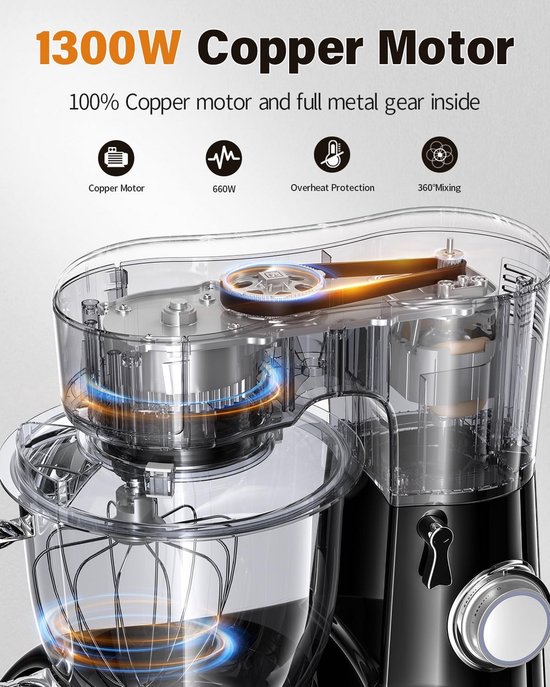 Krachtige Keukenmachine met Grote Mengkom van 6,5L - 10 Snelheden van Merkloos — afbeelding 2