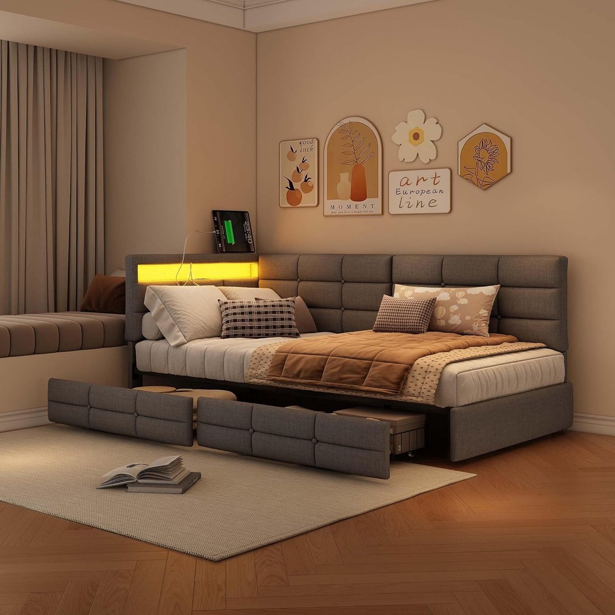 Gestoffeerd Eenpersoonsbed 90x200 cm met USB-C Opladen en LED-Verlichting