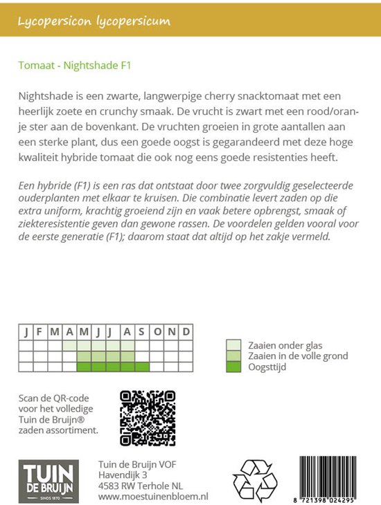 Informatieblad over tomaat Nightshade F1, met teeltkalender en QR-code.