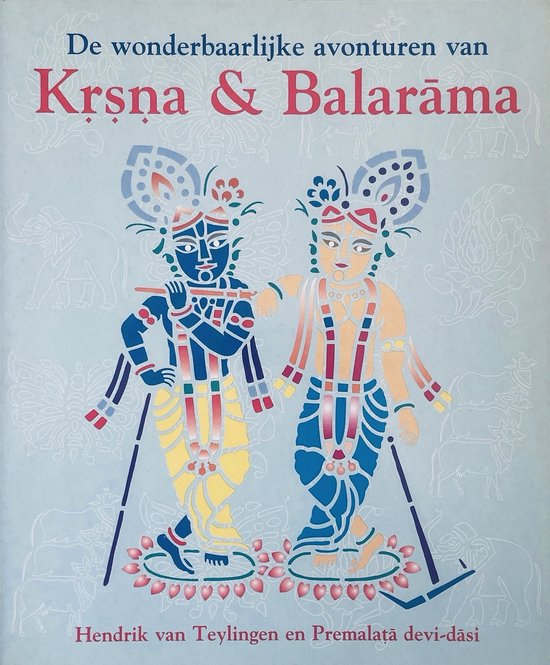 Boekomslag met Krsna en Balarama, blauw en geel gekleed, met fluiten. Titel: De wonderbaarlijke avonturen van Krsna & Balarama.