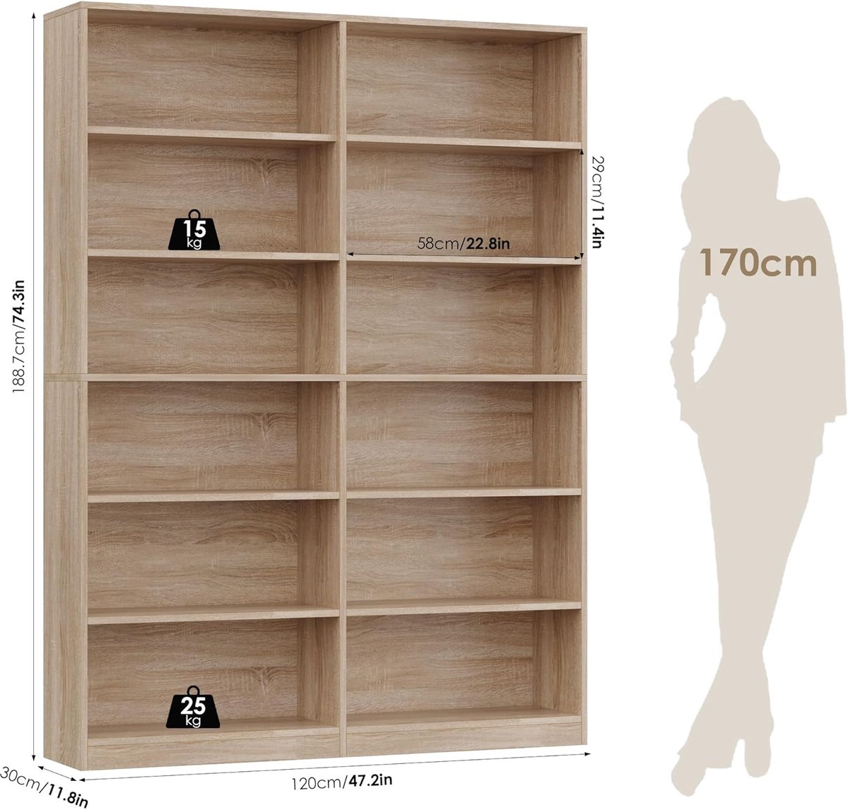 Boekenkast 6-Laags – Casa Velluto Oakwood Vrijstaande Boekenplank – 17 Open Vakken Displayrek voor Woonkamer, Thuiskantoor en Bibliotheek – Scandinavisch Design Eiken 188 x 149 x 23,5 cm