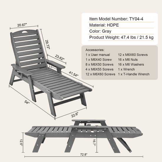 Verstelbare ligstoel voor buiten, draagvermogen 180 kg, 6 ligstanden, duurzaam HDPE-ontwerp met rugleuning en bekerhouder, ideaal voor bij het zwembad, op het terras, in de achtertuin en op het gazon, grijs — afbeelding 2