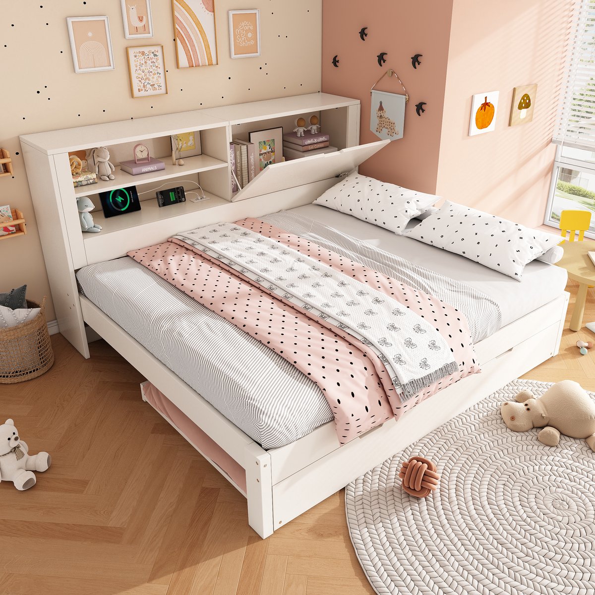 MODFU Bedframe 140x190 cm van hout (MDF), wit, met uitschuifbed 90x190 cm en opbergruimte