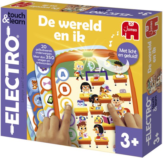 De 'Electro - De wereld en ik' speldoos in paars en geel, met afbeeldingen van spelende kinderen.