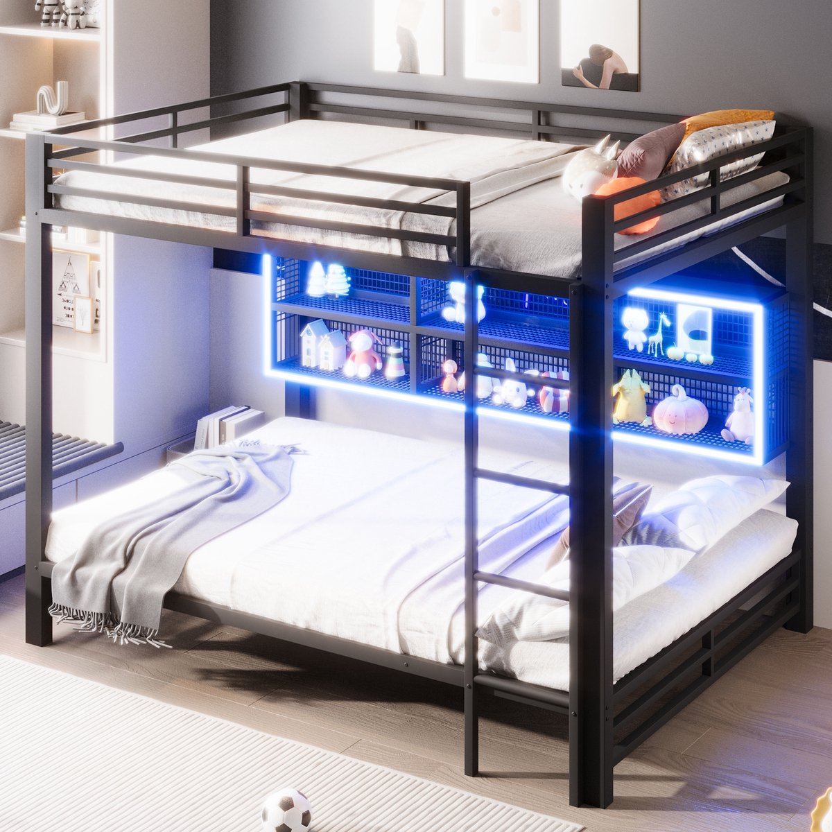 Sweiko Stapelbed - 140x200 cm - Opbergplank - LED-verlichting - Metalen frame - Kinderbed - Zwart