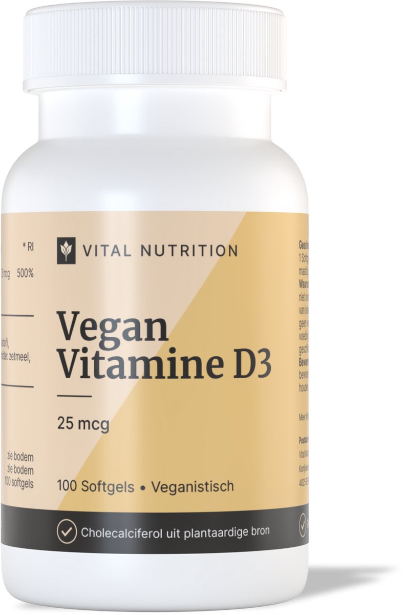 Vegan Vitamine D3 - 25 mcg - Vital Nutrition - Plantaardige en duurzame bron - Onafhankelijk getest- 100 softgels
