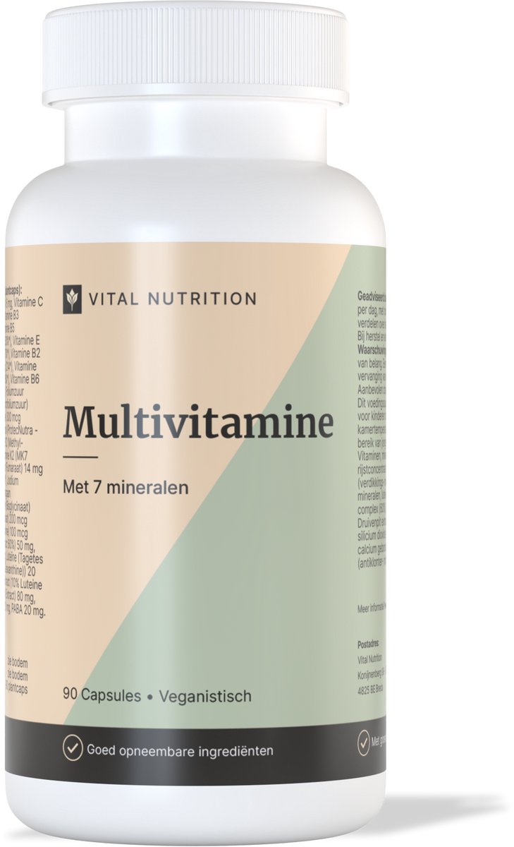 Vital Nutrition Multivitamine - 28 ingrediënten - Goed opneembaar - Veganistisch - Vitaminen, mineralen en kruiden - 90 Capsules
