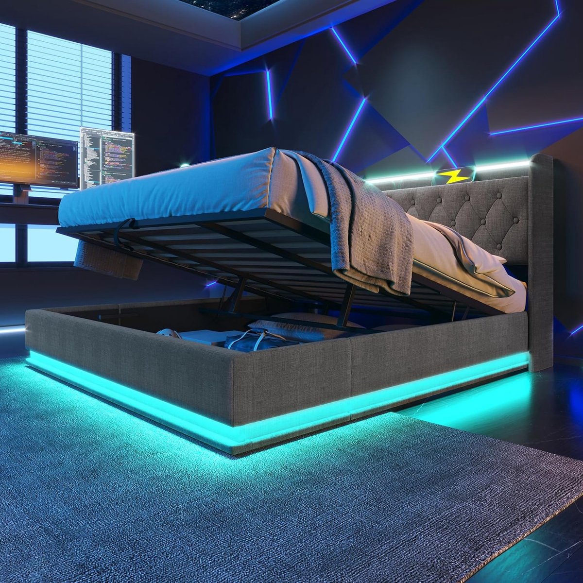 Gestoffeerd Opbergbed 180x200 cm met LED Hoofdeinde & USB – Hydraulisch Tweepersoonsbed met Lattenbodem, Opbergruimte & Rugleuning – Grijs – Zonder Matras – Pauwhome