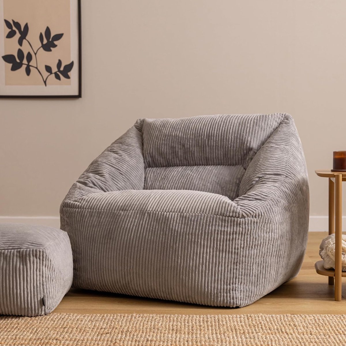 Zitzak stoel 88x100x80 cm met voetenbank – Corduroy Lounge Chair met Vulling – Comfortabele Relaxstoel voor Woonkamer & Slaapkamer – Beige – Pauwhome