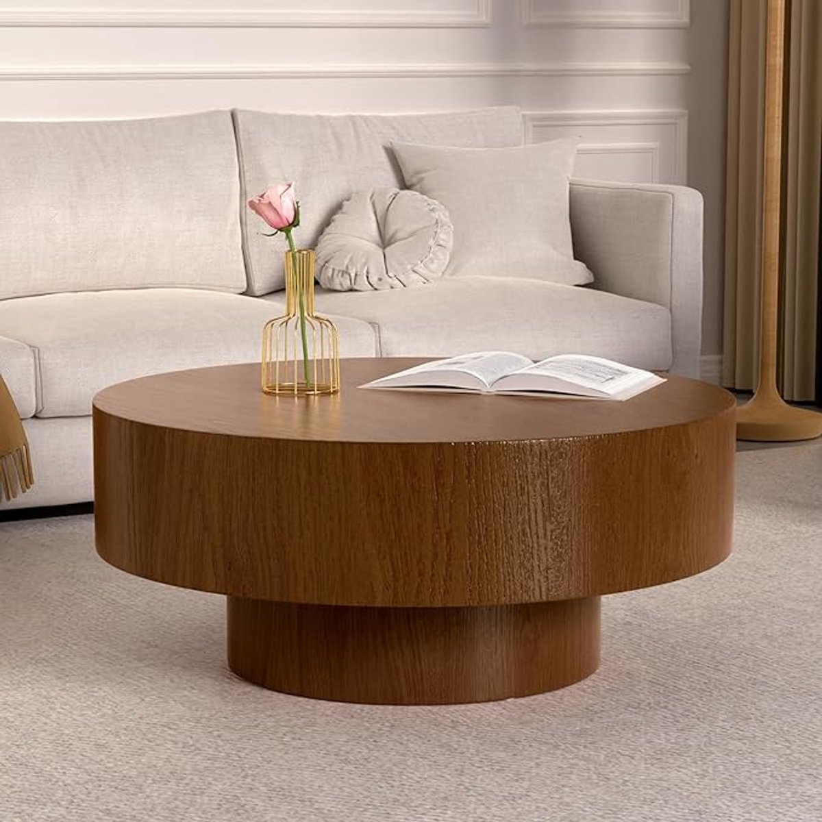 Salontafel Rond 77,5 cm – Moderne Ronde Woonkamertafel met Massieve Sokkel, Natuurlijke Houtnerf, Stabiele Basis, Theetafel voor Woonkamer & Kantoor, Bruin – Pauwhome