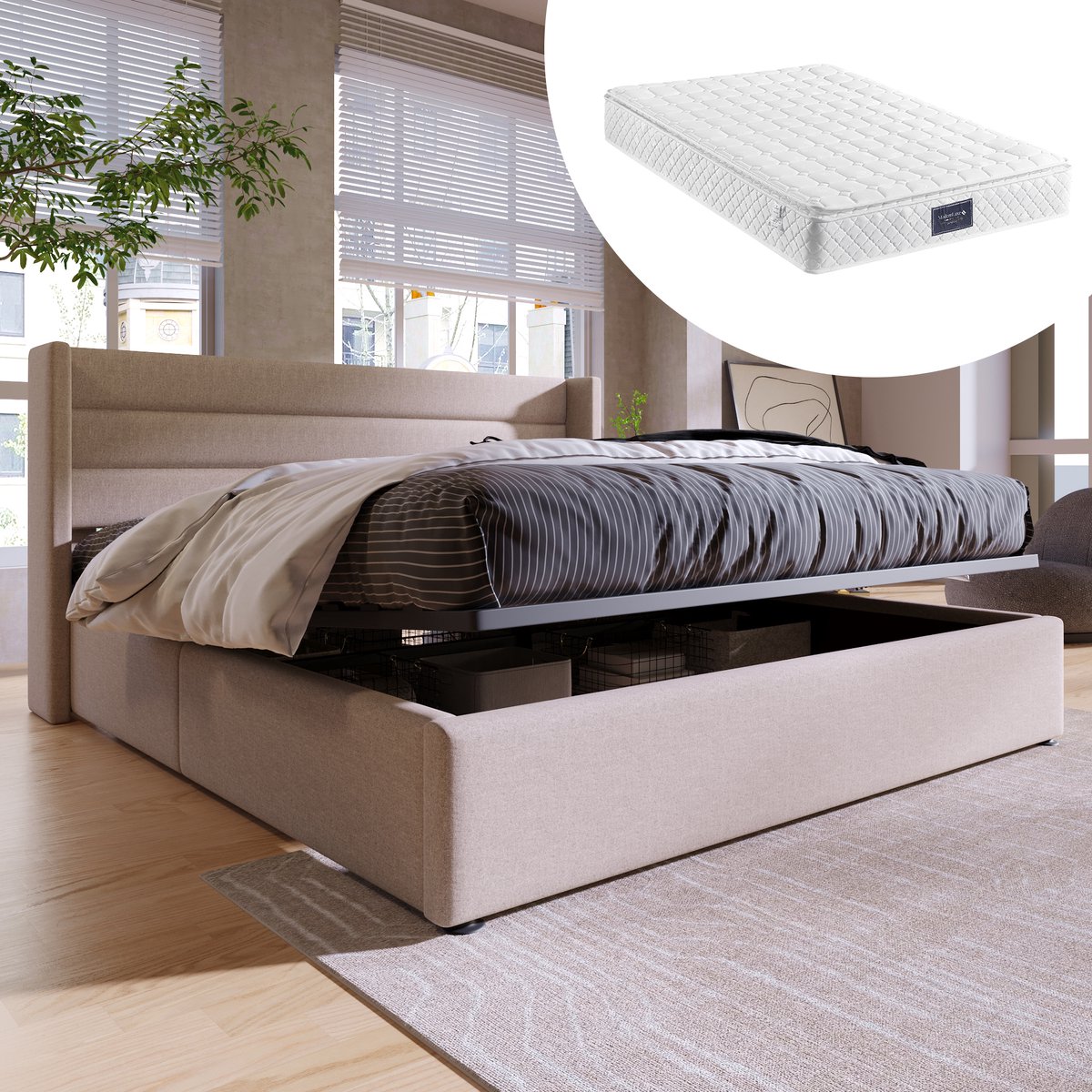 MIVRAY Gestoffeerd Bed 140x200 Cm - Hydraulisch Opklapbaar Met Opbergruimte - Linnen - Beige - Met Matras