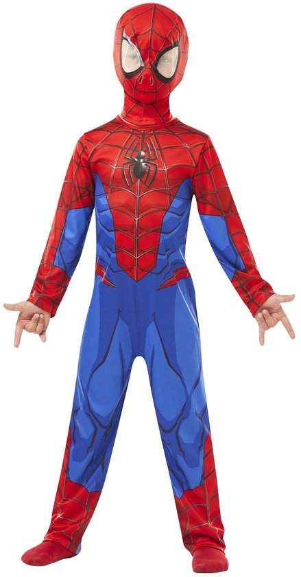 Kind in Spiderman pak, rood met blauwe broek en zwart spinnenweb patroon.