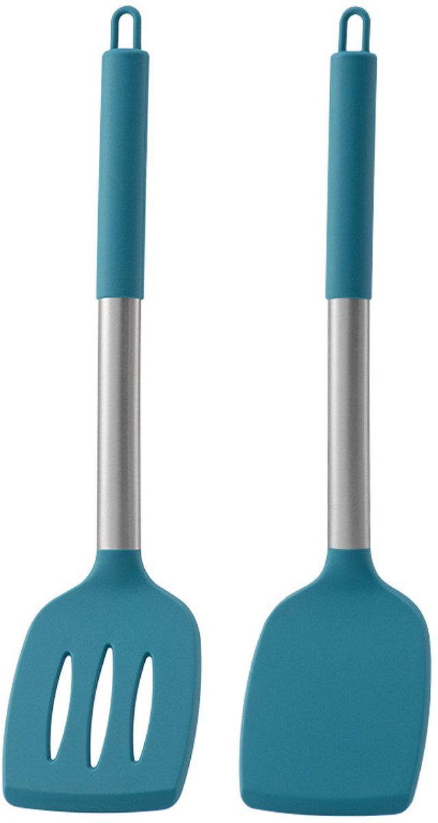 Set van 2 massieve siliconen spatels - Antiaanbaklaag - Hittebestendig - BPA-vrij (Blauw)