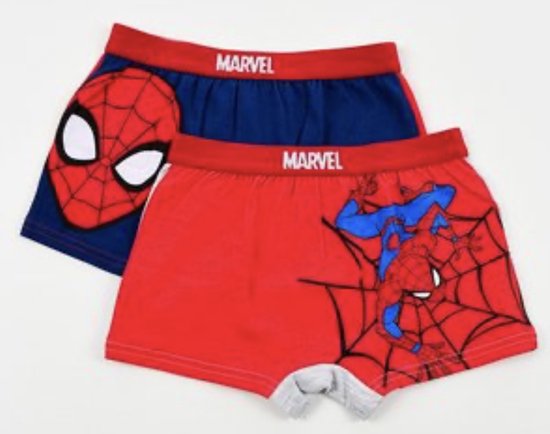 Twee Marvel Spiderman boxbroeken. Een blauwe met Spiderman gezicht en een rode met Spiderman op web.