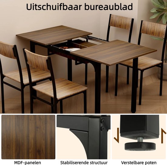 Uitschuifbaar bureaublad met walnoothouten blad en zwart metalen frame, met details van MDF-panelen, frame en verstelbare poten.