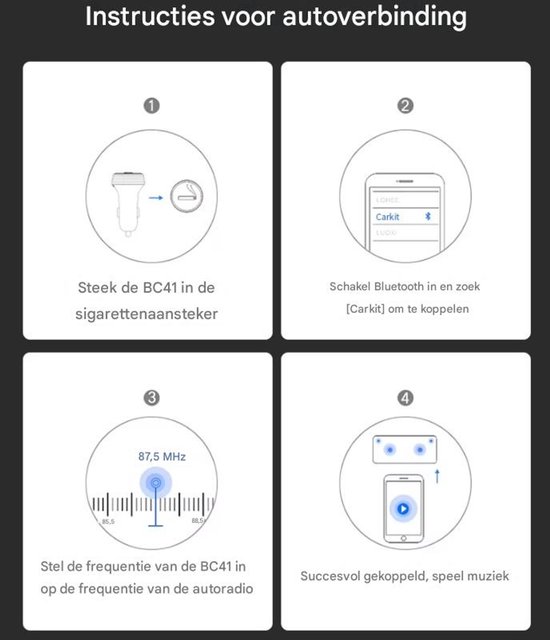 Instructies voor het verbinden van de Bluetooth FM-zender.