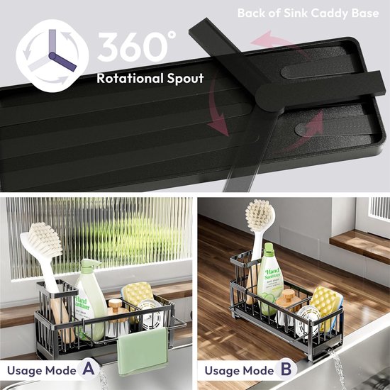 KINGRACK Uitbreidbare gootsteen Caddy, gootsteen droogrek met schotel handdoek bar, boven de gootsteen verstelbare gootsteen organizer voor keuken, roestvrije spons houder organisator