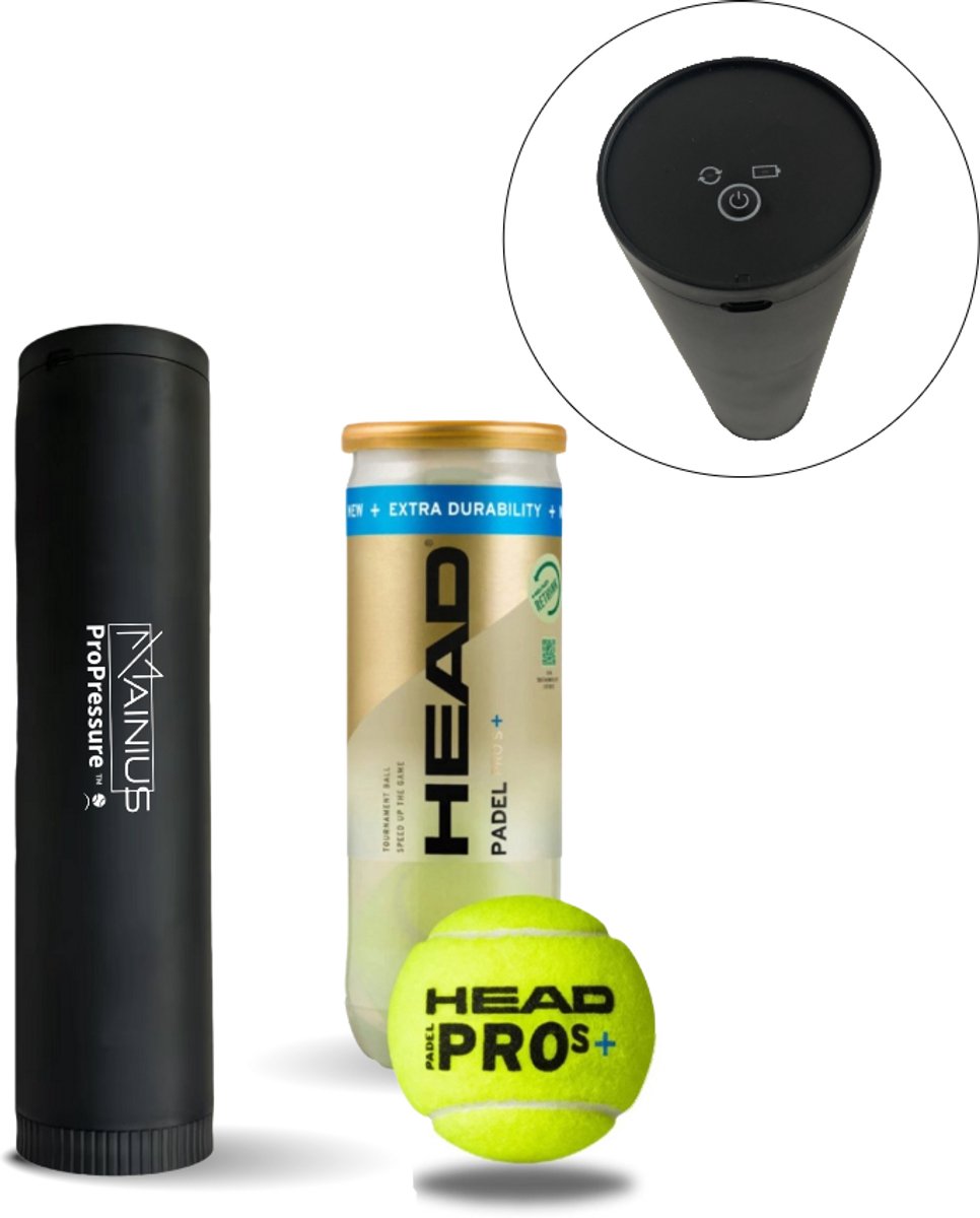 MAINIUS® ProPressure™ – Automatische Padelballen Drukregelaar – Inclusief 3 Head Pro S+ Padelballen – Padel Tennis Accessoire – Luchtdrukkoker – Ball Saver – Pressurizer elektrisch - Pressure Pod