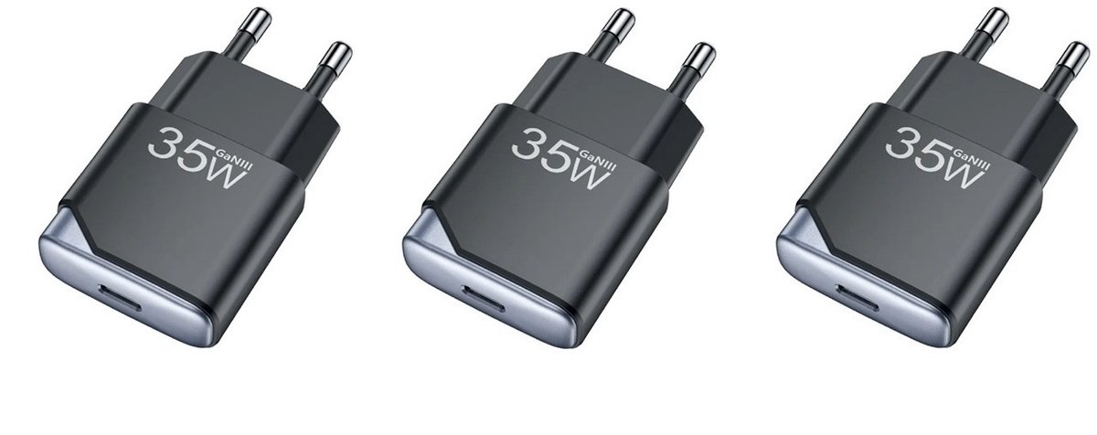 3 stuks OneOne 35W snellader met USB C poort. PD PPS Quick Charge lader. Platte GAN oplader adapter past op Samsung Galaxy A02s, A03s, A04, A05s, A13, A23, A52s, A21s, F06, Galaxy Note 7, Note 8, Note 9, F41, M33, M23, M35