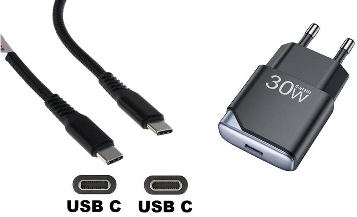 OneOne 30W snellader + 1,2m sterke USB C naar C kabel. GAN lader. PD PPS oplader adapter past op Apple iPhone 16 Pro Max, iPhone 16e, iPad 9, iPad 10, iPad Air 4, iPad Air 5, iPad Mini 6, iPad Pro 11, iPad Pro 12.9