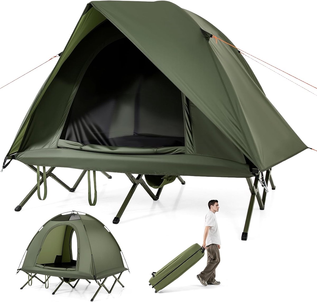 KOMFOTTEU Campingbed met tent voor 2 personen, transporttas met wielen, transparante dakramen, waterdichte regenhoes, windtouwen, eenvoudig te monteren, slaaptentbed voor strand, picknick, reizen