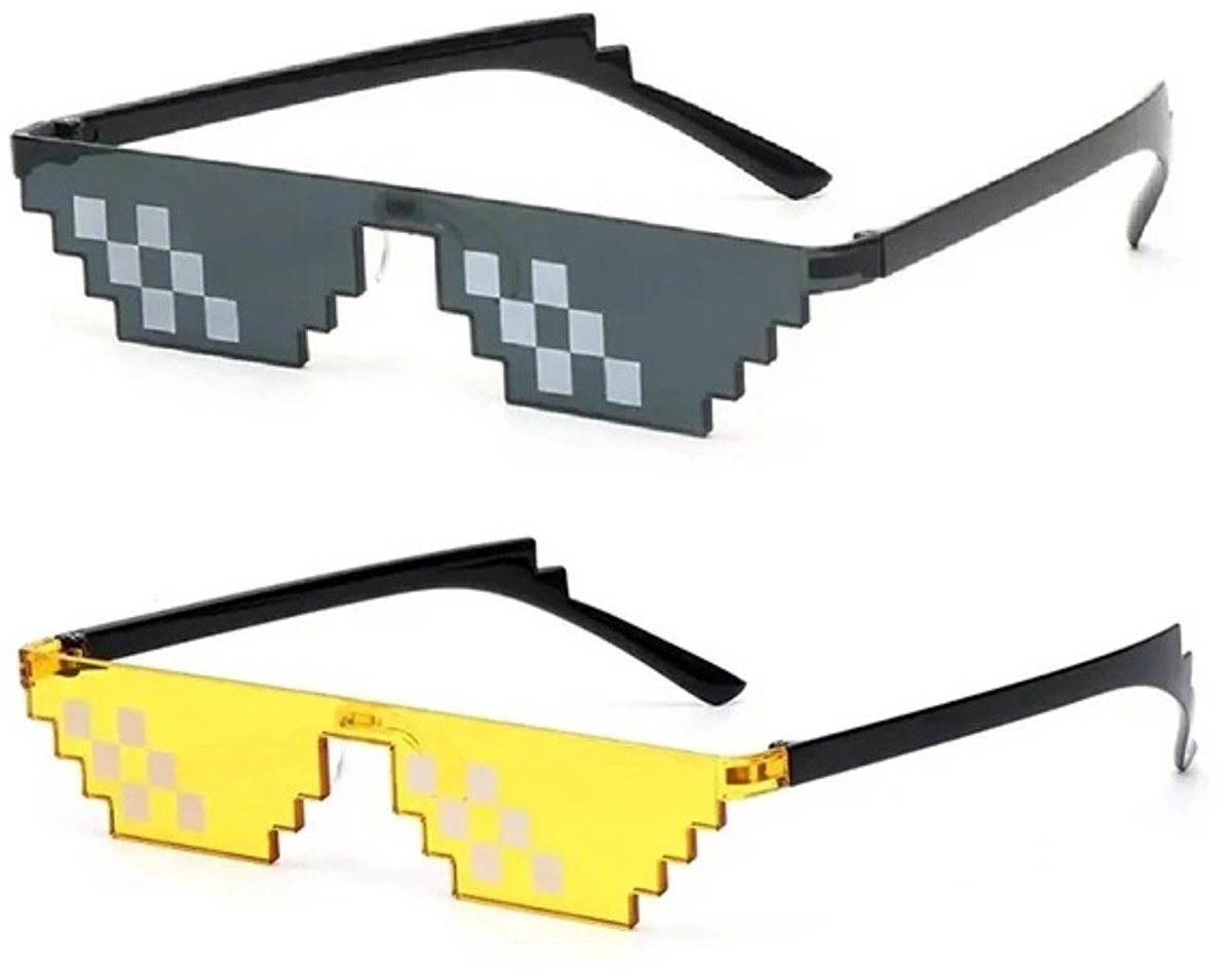 WiseGoods Premium Pixel Zonnebril Set Van 2 - Deal With It Style Bril Met 8-Bit Design - Bril - Zonnebrillen - Geel & Grijs/Zwart