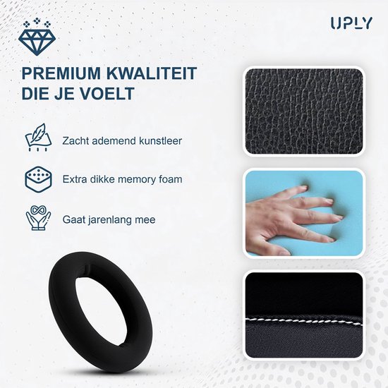 Zwart, zacht kunstleer en dik memory foam van oorkussens. Geeft premium kwaliteit aan.
