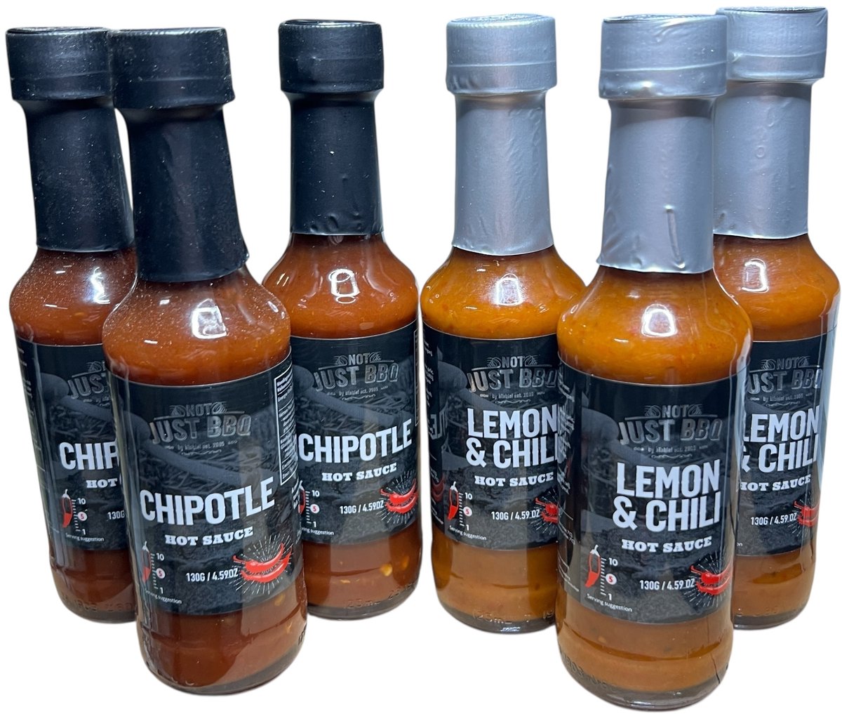 6 x Just BBQ Hot Sauce a 130 gr (3 x Lemon & Chili + 3 x Chipotle )