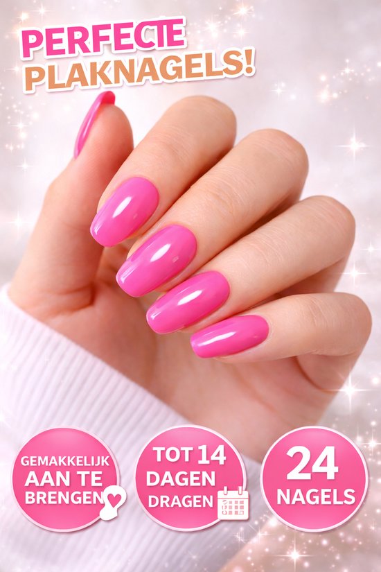 Hand met felroze, ovale plaknagels. "Perfecte Plaknagels!", "Makkelijk aan te brengen", "Tot 14 dagen dragen", "24 nagels".